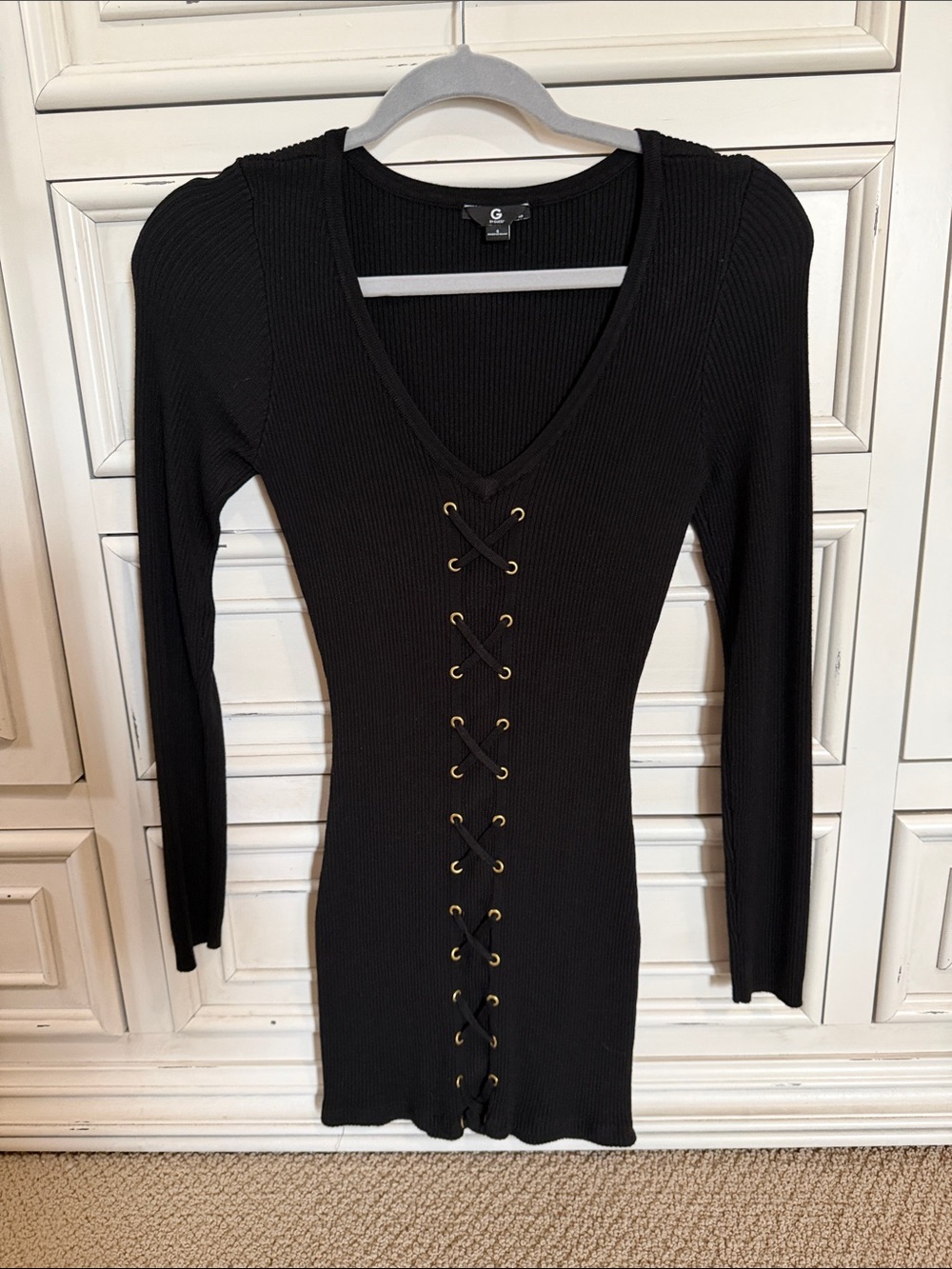 G by Guess Black Ribbed Lace-Up Long Sleeve Dress